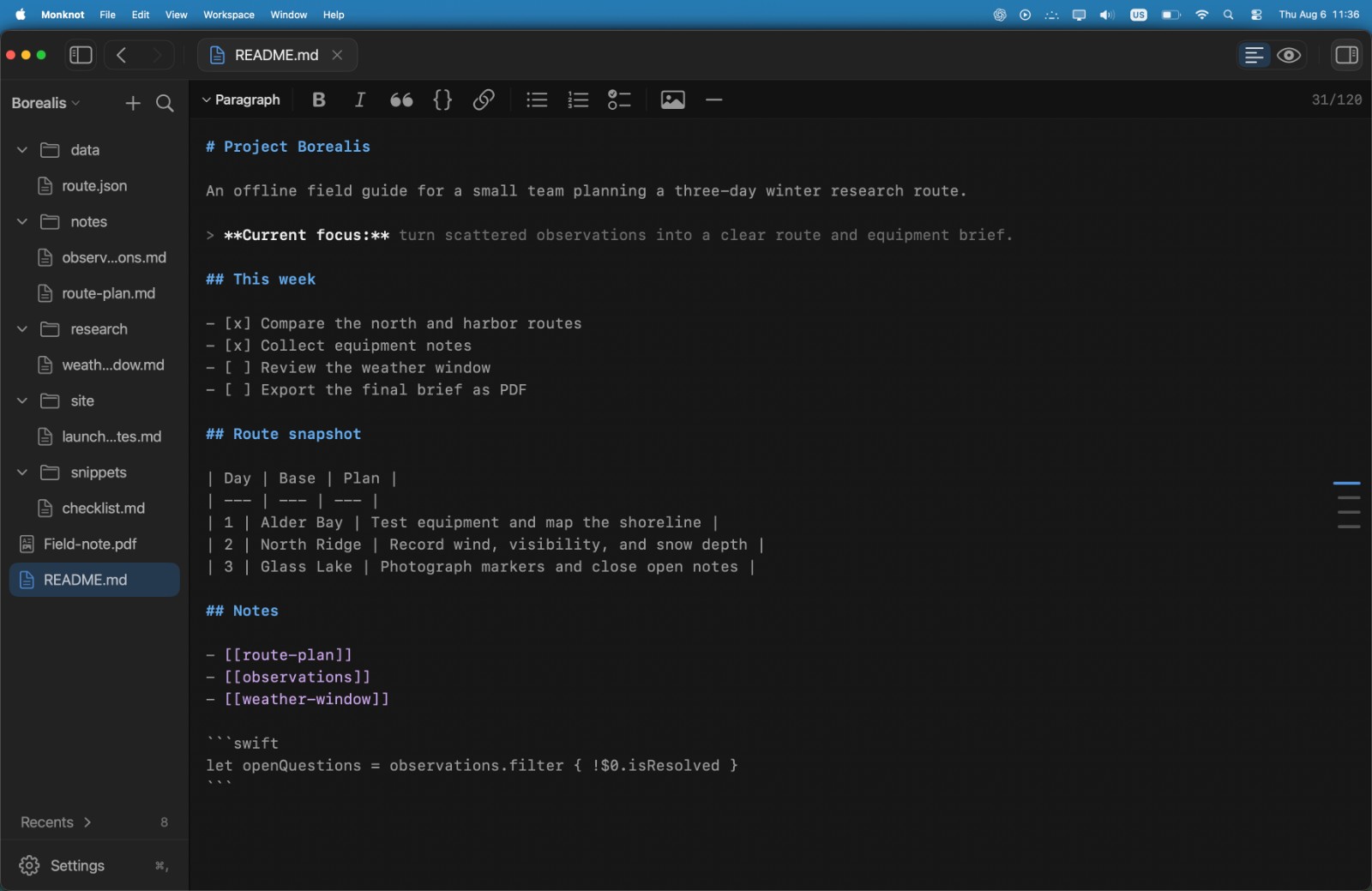 Monknot editing README.md in the Borealis workspace: file sidebar, formatting bar, and Markdown source with headings, a task list, a table, wikilinks and a Swift code block.