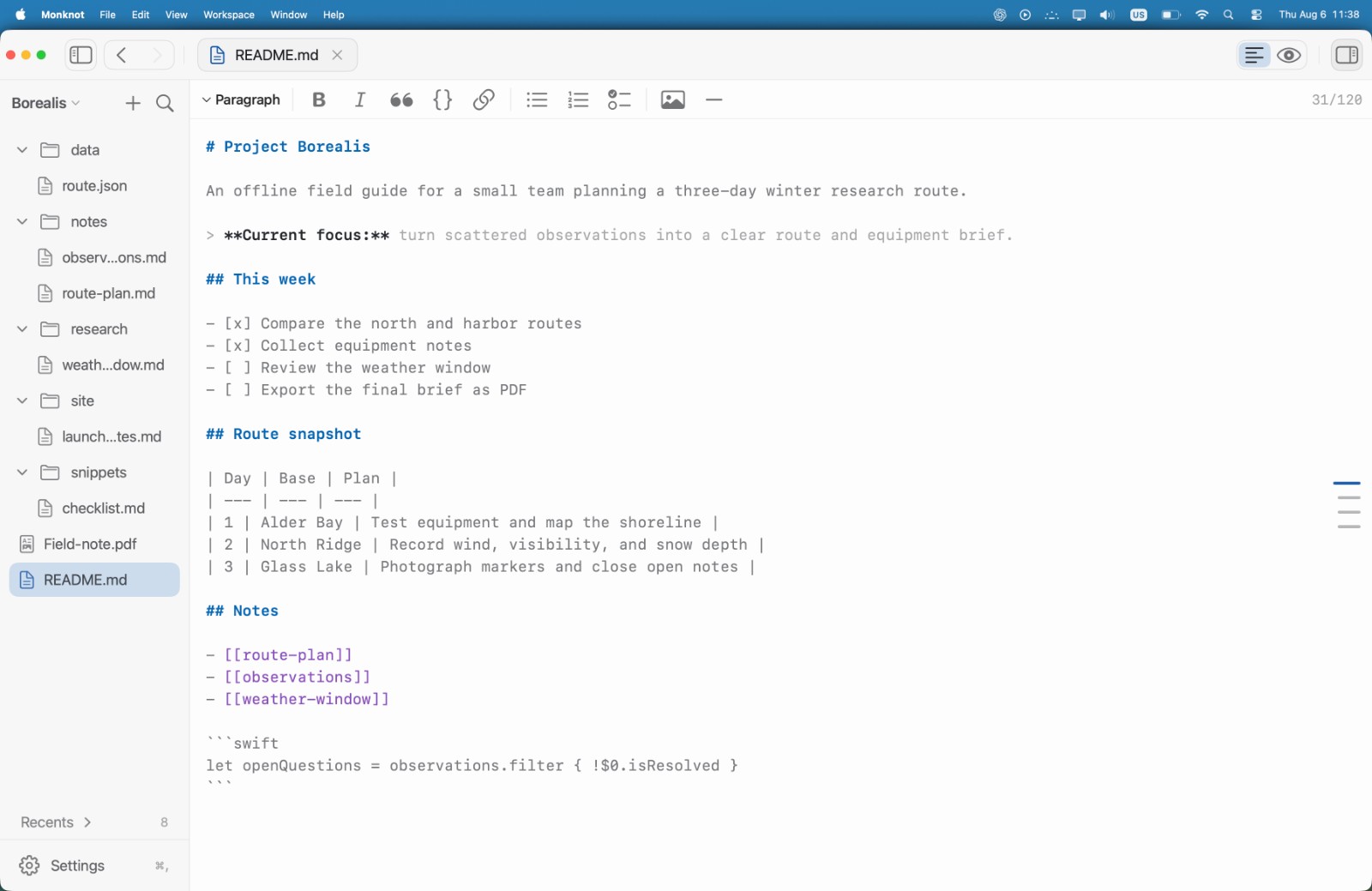 Monknot editing README.md in the light appearance.