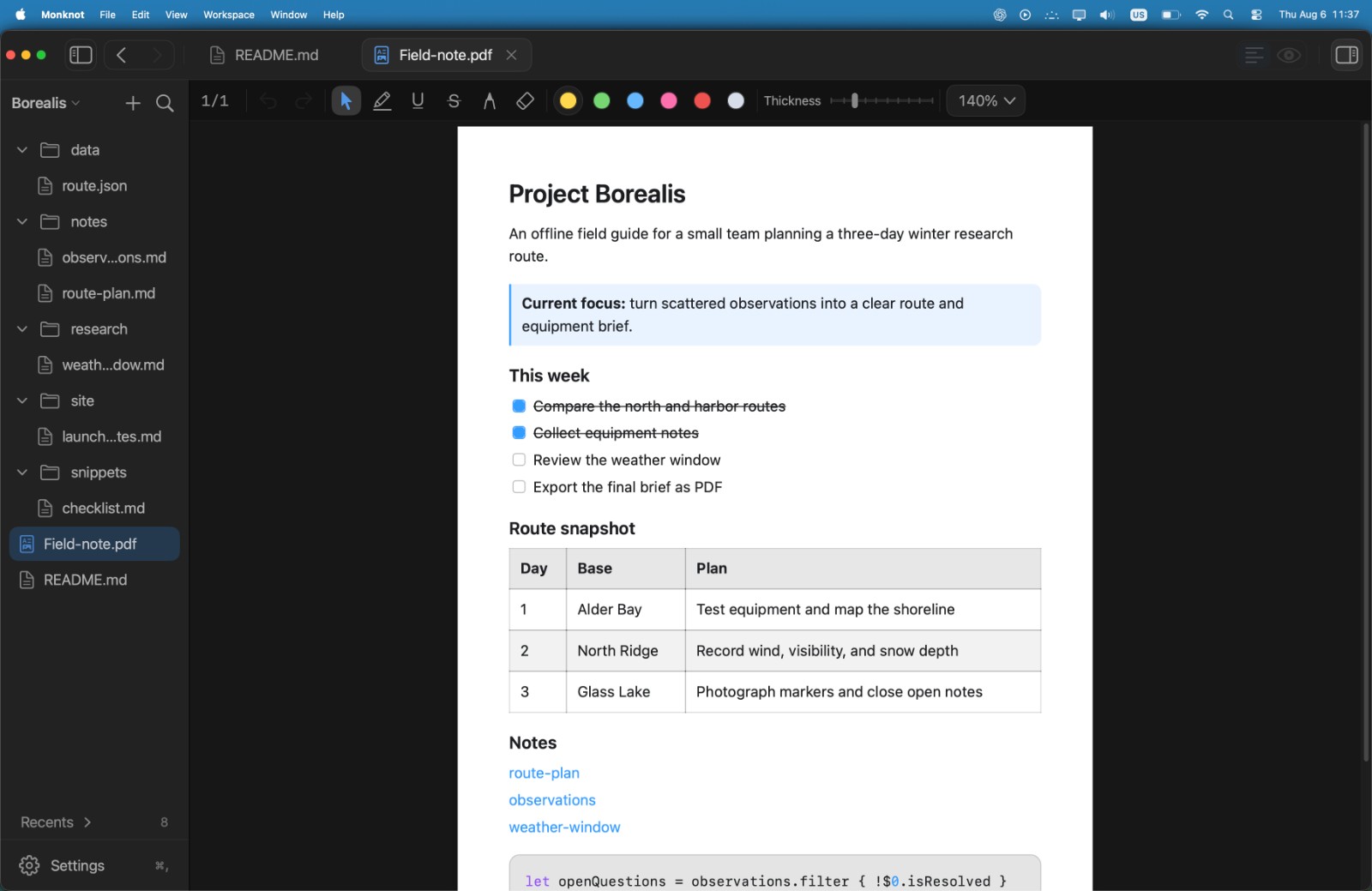 A PDF open in Monknot with the markup toolbar active: highlight, underline, strike-through, freehand draw, colour swatches and a thickness slider.