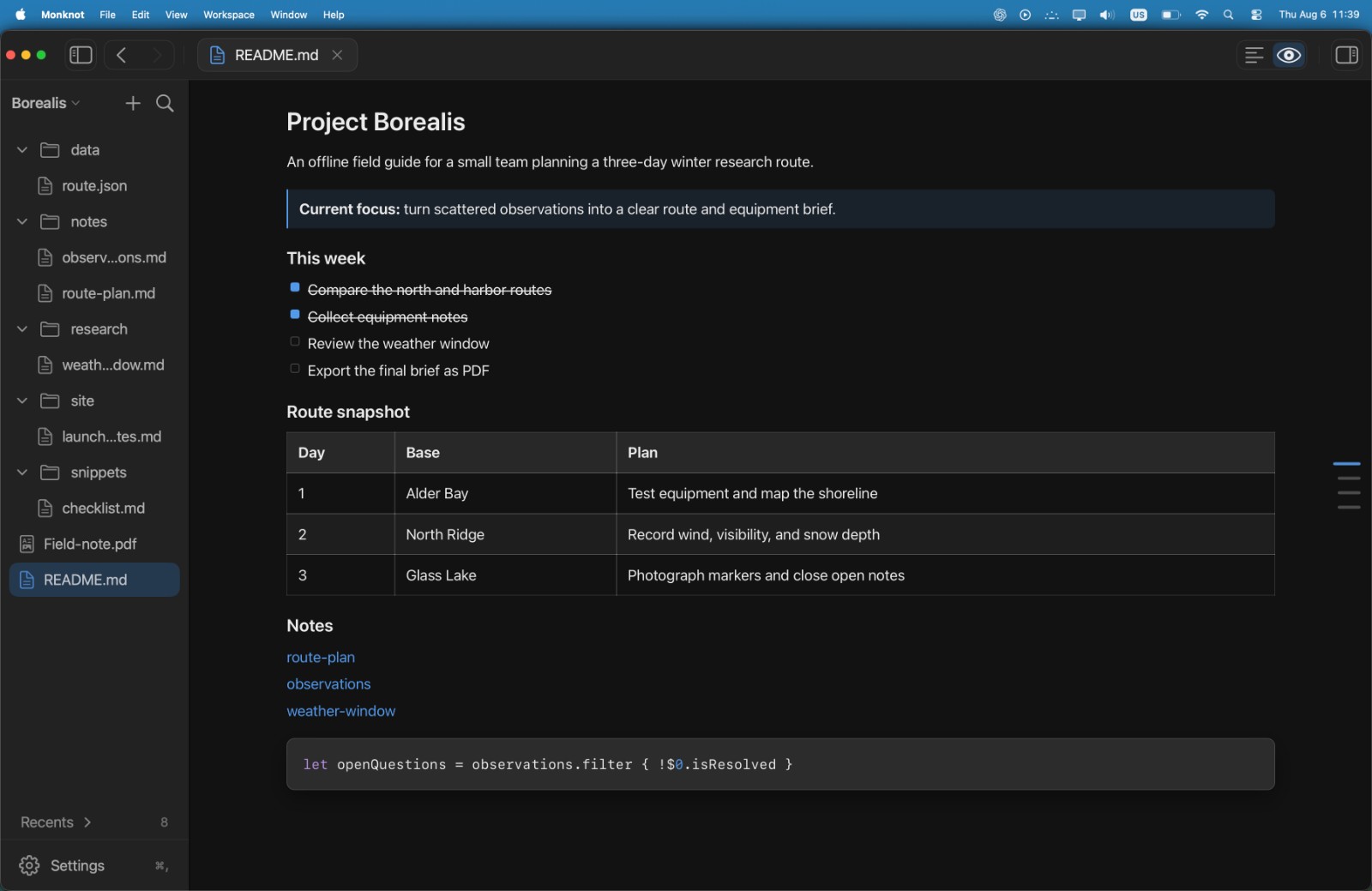 Monknot showing the rendered Markdown preview full width, with the outline rail at the right edge.