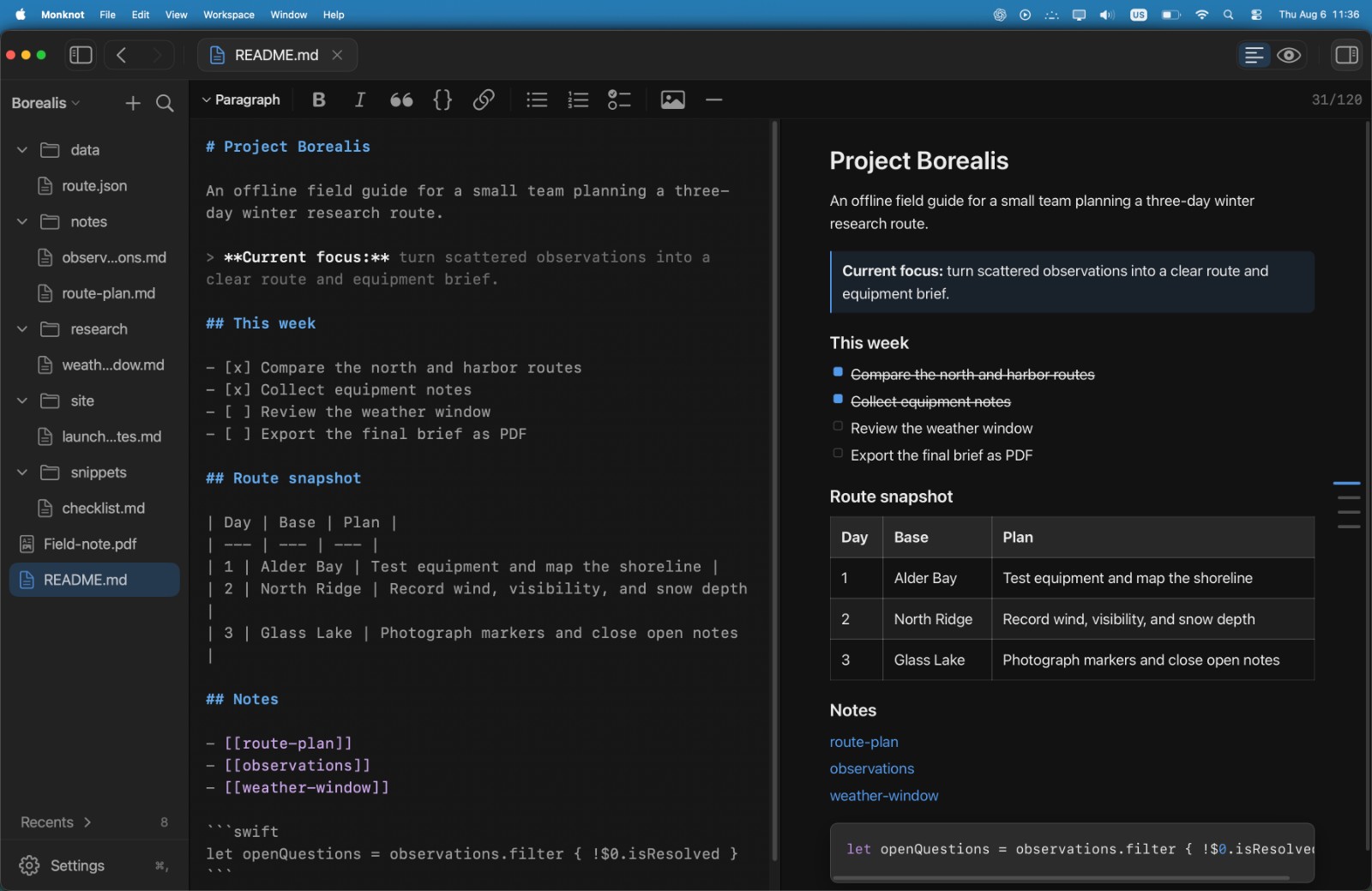 Monknot in split view, Markdown source beside the rendered preview, scrolled together.
