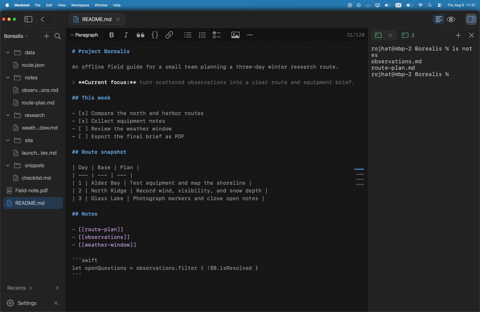 Monknot with two terminal sessions docked beside the document, running a shell in the workspace folder.