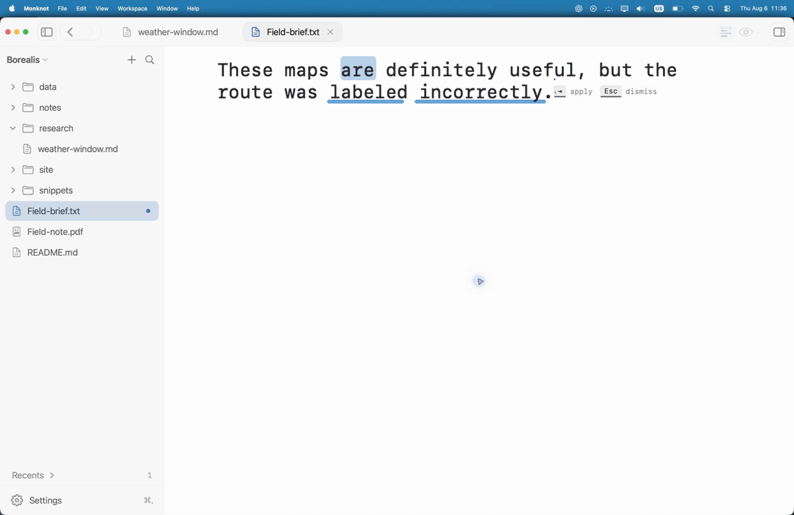 Monknot editing Field-brief.txt. The demo corrects a typo, presents a grammar repair for review, accepts a full on-device completion, and opens Apple Writing Tools.