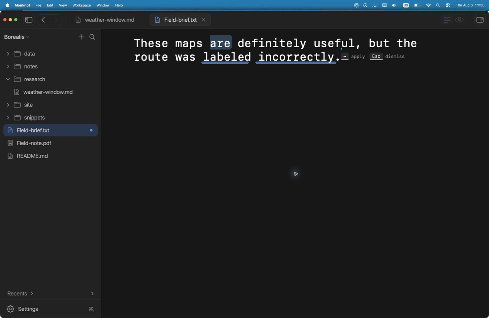 Monknot editing Field-brief.txt. The demo corrects a typo, presents a grammar repair for review, accepts a full on-device completion, and opens Apple Writing Tools.
